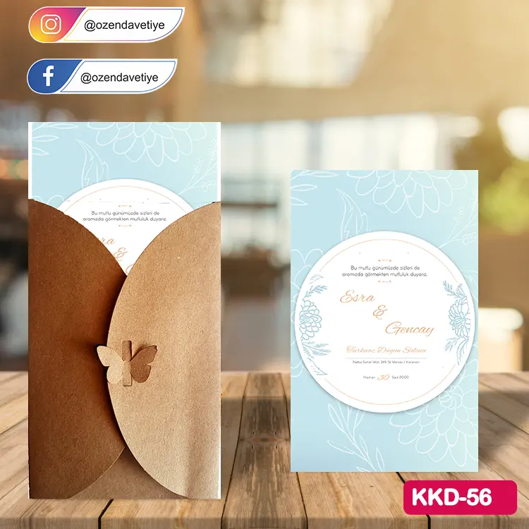ozen-davetiye-Düğün Davetiyesi - Kelebekli Kraft Zarflı Davetiye Model No:56
